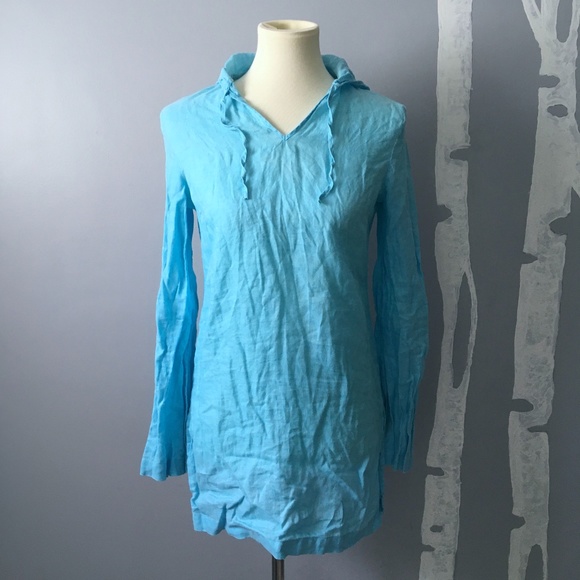 Lily Stanhope Tops - LINEN Tunic Hoodie Long Sleeve Top Blue Small